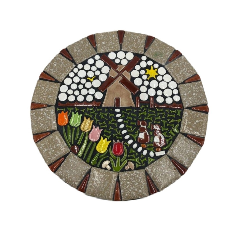 Vintage Mosaic Brown Ceramic Tile Art Trivet Round Windmill Country Farm House